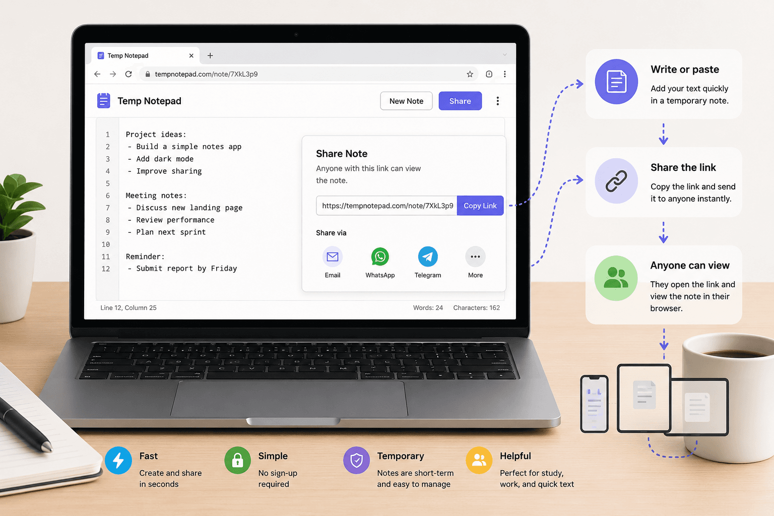Temporary note sharing workflow on a laptop screen with a simple text pad interface